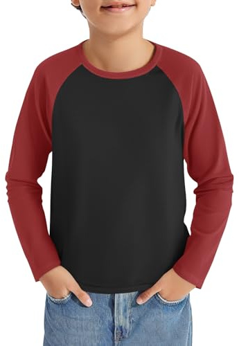 Haloumoning pojkar långärmad t-shirt barn rund hals färgblock långärmad tröja sport fritid toppar casual basic raglan skjorta 5–14 år, röd, 9-10 år