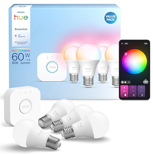 Philips Hue Essential startpaket: Hue Bridge + 4 Essential E27 smarta ljuskällor, White and Color Ambiance, 2 200–6 500 K, dimbar, Fungerar med Alexa, Google Assistant, Samsung SmartThings, Apple Home