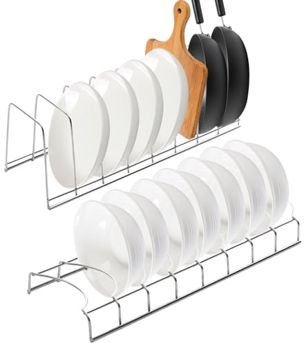 Houbobo Plate Rack for Cupboard, 2 Pack Bowl and Plate Organiser for Kitchen, Space-Saving Stainless Steel Dish Rack Holder for Pots & Pans, Baking Trays, Cutting Boards, 8 Compartments (Silver)