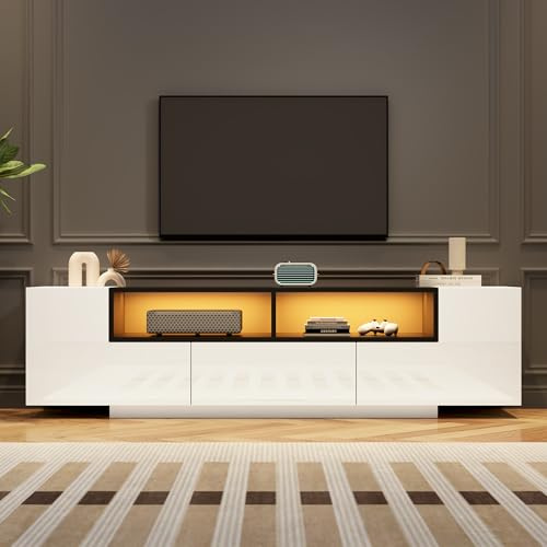 Merax Meuble TV LED Blanc Brillant,Support TV pour Téléviseur 75 Pouces,2 Armoires en L + 1 Tiroir,Lowboard Moderne avec Éclairage Bluetooth,180 x 40 x 48 cm (Blanc/Noir)