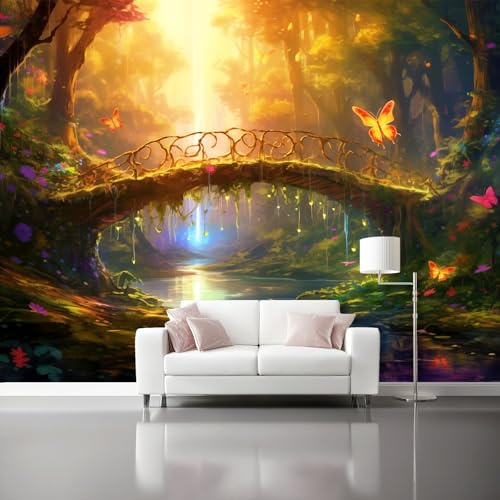 Générique Papier Peint Panoramique - Forêt Enchantée Fantastique Pont Murale Moderne Décoration Murale, Brun Papier Peint Intissé pour Salon Chambre á Coucherr Bureau Salle 200 x 140 cm