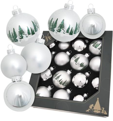 Krebs Glas Lauscha - Weihnachtsdekoration/Christbaumschmuck aus Glas - Glaskugelsortiment Uni & dekoriert Verschneites Dorf - Menge: 16 Stück - Farbe: Silber - Größe: ca. 5-8 cm