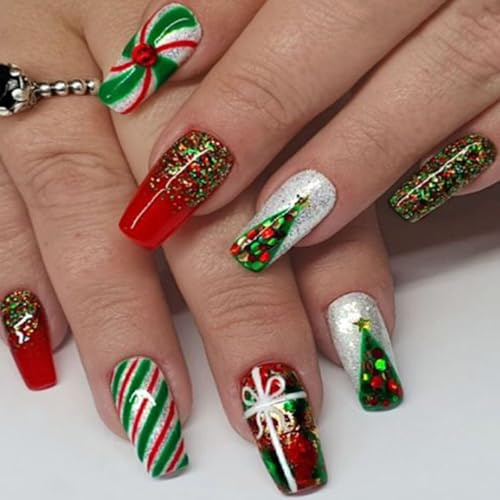 Viugex Lot de 24 Noël Ongles à Coller Carrés Longs, Vert Rouge Press on Nails avec Cadeau d'arbre de Noël, Brillant Ongles Acryliques, Réutilisables Couverture Complète Faux Ongles pour Femmes Filles