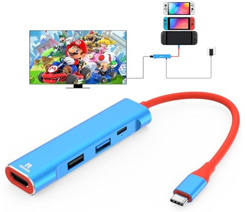RREAKA Switch Dock for Nintendo Switch 2/1/OLED, 4 in 1 TV Adapter with 4K60Hz HDMI, USB 3.0 Port, Type C 100W Charging, Portable Switch Docking Station Travel-Blue&Red 2nd version