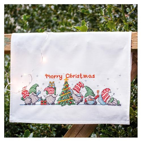 Tischläufer Kreuzstich Stickpackung Gnomes mit Weihnachtsbaum, Zählmuster, 46x71cm