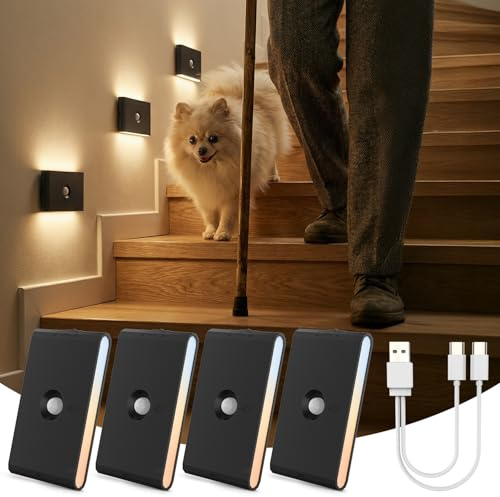 LED Nachtlicht mit Bewegungsmelder & Dämmerungssensor, 3 Modi Auto EIN/AUS Schwarz Nachtlampe Dimmbar, 3 Farbtemperatur Treppenbeleuchtung Akku Aufladbar für Kinderzimmer, Flur, Schlafzimmer, 4 Stück