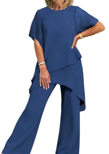 DBWPKR 2 Piece Sets for Women Summer Short Sleeve Chiffon Blouse Matching Sets Mother of The Bride Pant Suit Vacation Outfits