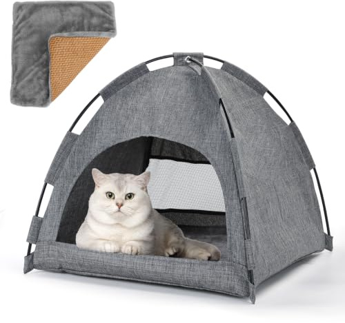 Nobleza Cat Tent Cat Cave Bed 2 in 1 Removable Double-Sided Cushion 40x40x36cm | Indoor Outdoor Portable No Assembly Needed Pet Tent House Puppy Teepee Washable Detachable Padding for Four Seasons Universal