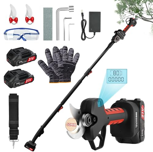 50mm Tijeras De Podar Electricas con 2 metros perca telescópica: Tijera podar telescopica 50-25mm Ajustables Hoja SK7 con 2 baterías de 21 V/2000 mAh - Tijeras de Podar Bateria Jardinería Olivos