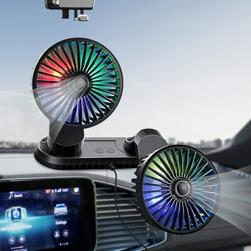 Hojalis Ventilador de Coche, 5V USB Ventilador Coche Doble Cabeza con 3 Velocidades&Luces LED, Ventiladors Giratorio 360 Coche, Ventilador USB Silencioso Para VehíCulos Como Sedán,SUV,RV