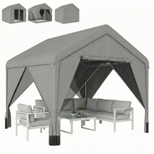 Outsunny Tonnelle de Jardin extérieur 3x3m Hydrofuge Acier Double Toit Gris | Structure Robuste, Pavillon de jardin, Toit Double Pente, Rideaux, Moustiquaire, Galvanisé, Fête, Terrasse