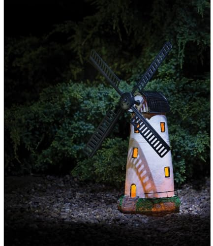 Solar Powered Light Up Windmill Garden Ornament – White Outdoor Decorative Light – Moving Windmill Feature – Auto On at Dusk – Patio, Lawn & Pathway Décor