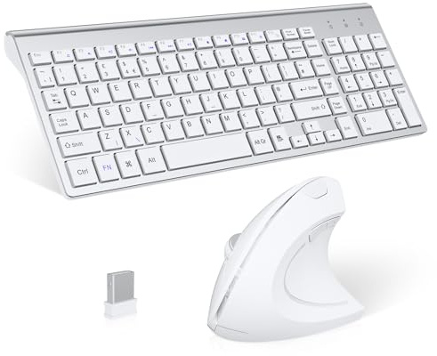 2.4GHz Wireless Vertical Ergonomic Mouse and Keyboard Combo Ultra-Thin Portable Size for PC Desktop Computer Laptop Mac Tablet (White)