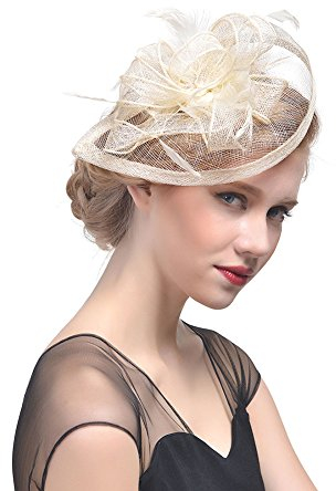 Amorar Damen Fascinator Hair Clip Hut Bankett Hut Stirnband Feder Blume Schleier Bowler Braut Hut für Cocktail Hochzeit,EINWEG Verpackung