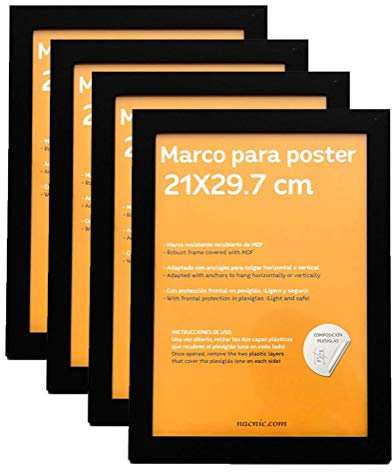 Nacnic - Pack 4 Marcos de Madera MDF Negro y Vidrio Acrílico | Protección y Expositor de Fotografías, Láminas, Pósters, Cuadros y Decoración para Salón, Dormitorio u Oficina | A4 (21x29,7 cm)