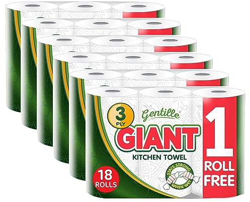 Gentille Giant 3 Ply Thickness Paper Towel | Extra Strong, Absorbent, Tough, Durable Kitchen Roll | Multipurpose Bulk Pack (18)