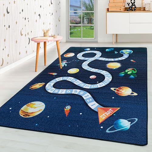 HomebyHome Kinderteppich Marineblau 100x150 cm Weltraum Design Modern rutschfest Waschbar Pflegeleicht Extra Weich Antiallergen Babyteppich Kinderzimmer Jungen Mädchen