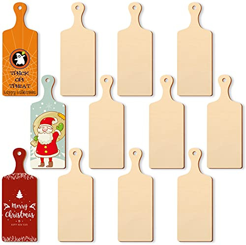 12 Pieces Mini Wooden Cutting Board Craft with Handle Wooden Chopping Board Small Serving Board Rustic Paddle Kitchen Board Cooking Butcher Block for Home Kitchen Decor (Long Handle,9.4 x 3.5 Inch)