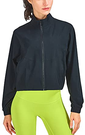 altiland Women's Athletic Running Yoga Gym Track Zip Up Cropped Jackets Long Sleeve Workout Shirts (Black, M)