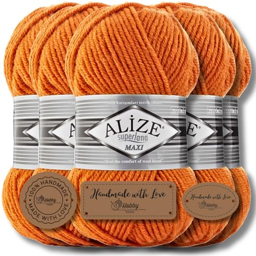 Alize 5 x 100g Superlana Maxi Türkische Premium Wolle Baumwolle und Acryl Uni Handstrickgarne, Yarn, Garn, Strickgarn, Einfarbig, Baby, zum Häkeln Stricken Kleidung Schals (Orange - 225)