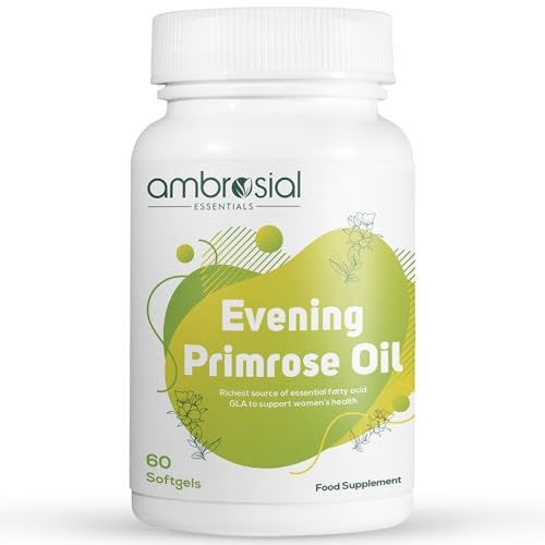 Ambrosial Evening Primrose Oil 1000mg Softgel- High Strength EPO, Cold-Pressed, Gluten Free, Perimenopause Supplements, Rich in Omega 6, GLA, Hormone Balance for Women, for Healthy Skin, 60 Capsules