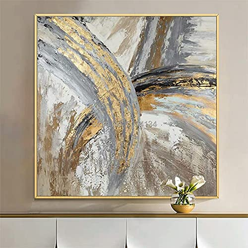 Abstrakte graue Farbe und Goldfolie Ölgemälde auf Leinwand Öl Moderne Malerei Kunst Goldrahmen Bilder Wanddekoration 50x50cm/20x20in Goldener Rahmen