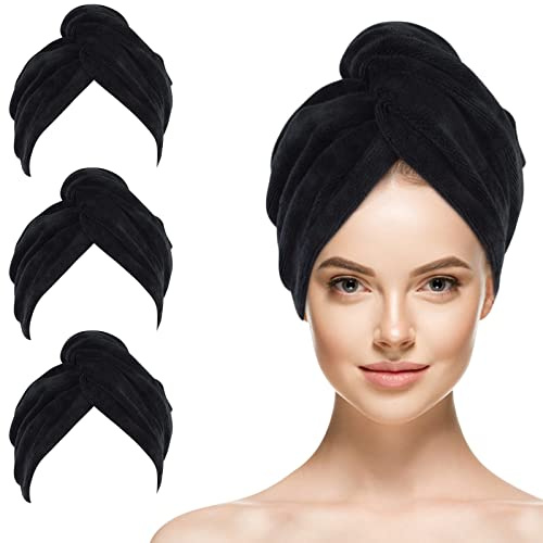 SINLAND 3 Stück Microfiber Haarturban Haartuch für Frauen Schwarz 25x65 cm | super saugfähiges Haarhandtücher schnell trocknendes Kopf Handtücher mit Knopf Haartuch zum Trocknen Langer Haare fusselfrei
