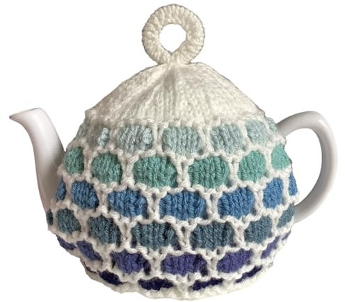 Blue and Cream Waterfall Knitted Honeycomb Tea Cosy for a standard sized 4 to 6 cup teapot