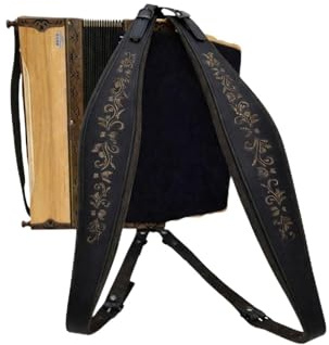 Harmonikariemen XL Luxus Schwarz S-Form inkl. Querriemen – extra lange Echtleder-Trageriemen für Steirische Harmonika – gepolstert, verstellbar, ergonomisch, ideal für Bühne, Tracht & Volksmusik