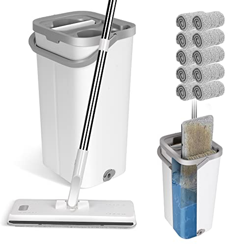 Masthome Mocio Lavapavimenti e Secchio, Mocio con Secchio Strizzatore a Mani Libere, Mocio Piatto Professionale con 5 Panni in Microfibra, per Pavimenti Parquet Legno, Laminato, Ceramica