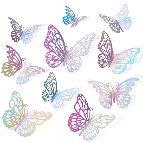 72 PCS Laser Butterfly Decorations, 3D Butterfly Decoration with 3 Styles 3 Sizes, Removable Wall Decor Stickers