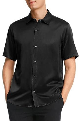 LilySilk Classic Silk Mens Shirt Short Sleeves with Kent Collar Button-Down Silk Summer T-Shirt for Formal Casual Black M
