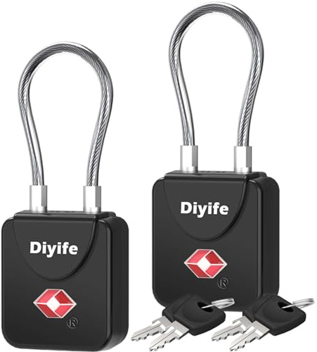 Diyife TSA Luggage Locks 2 Pack - High Security Suitcase Padlocks with 4 Keys Total, Flexible Long Shackle Travel Lock for Suitcases, Bags & Cases (Black)