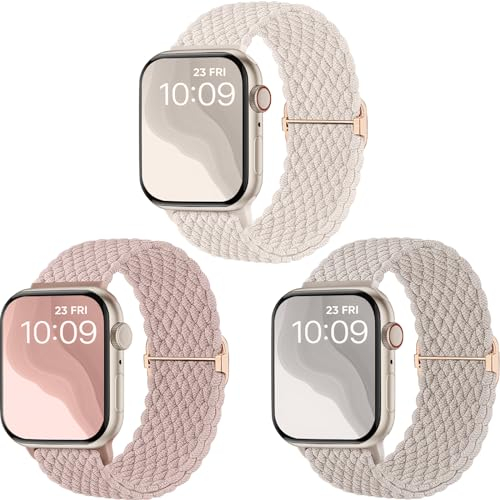 CeMiKa Geflochtene Armband Kompatibel mit Apple Watch Armband 40mm 38mm 41mm 42mm, Stoff Elastisches Solo Loop Nylon Band für iWatch Series 11 10 9 8 7 6 5 4 SE Ultra 3 2 1,Herren Damen, 3 Stück