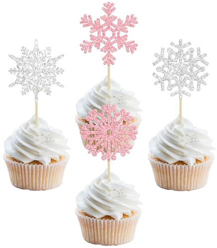 Gyufise 24 Stück Schneeflocke Cupcake Toppers Frozen Cupcake Picks Winter Frozen Motto Party Weihnachten Babyparty Hochzeit Dekoration Supplies Winter Wonderland Thema Kuchen Topper Rosa Silber