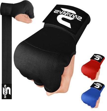 SAWANS Boxning, handwrap, innerhandskar för handskydd, långa handledsremmar, elastiska, vadderade kampsport, stridshandskar, boxningssäck, träning, gel, vantar muay thai MMA (svart, S/M)