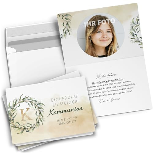 10 personalisierte Kommunion Einladungskarten mit eigenem Text und Foto - Kreuz Kranz kirchlich - Einladungen zur Kommunion mit Umschlägen Jungen und Mädchen