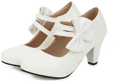 Escarpins à talon rond rose avec sangles de cheville nœud papillon - Chaussures élégantes Lolita en cuir synthétique pour femme - Chaussures de danse et de travail, Blanc., 36 EU