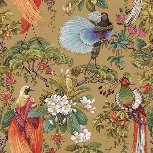 VEELIKE Oriental Ochre Yellow Bird Wallpaper Stick and Peel Vintage Floral Wallpaper for Bedroom Bathroom 17.7''x118'' Chinoiserie Wall Paper Removable Renter Friendly Floral Wall Mural for Room Decor
