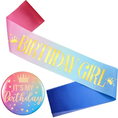 Yaomiao Birthday Sash for Women Birthday Girl Sash Party Decorations and It's My Button Glittery Metal Pin Its My Pin Badge for Party Decoration(Rainbow)