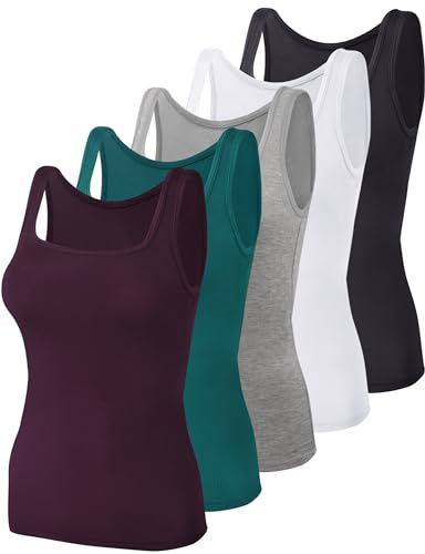 BQTQ 5 Pezzi Canottiera Intima da Donna con Scollo Quadrato, Canotta Elastica Camisole Crop Top Stretch Maglietta Senza Maniche, Nero, Grigio, Bianco, Verde Scuro, Viola Scuro, XL