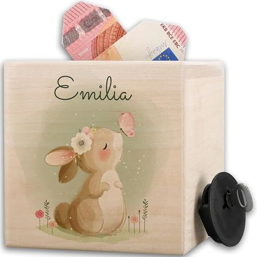 Holz - Holzspardose Süßer Hase I Osterhase Geschenk Kinder Geldgeschenk | Spardose Mädchen | Geschenk zu Ostern für Mädchen - 10x10cm - Holz - kinderspardose personalisierte sparbüchse