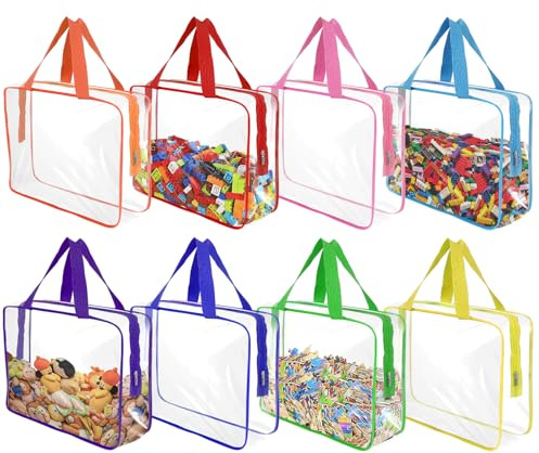 8 Pcs XL-Large Clear Toy Storage Bags with Zipper, Reusable PVC Waterproof Toy Organizer Bags with Portable Handle for Building Blocks, Puzzles, Board Games,and Travel Dust-Proof Storage (XL-Large)