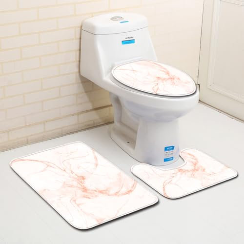 Bad Teppiche Set Orange Beige Abstract Badezimmerteppich Waschbar WC Vorleger mit Ausschnitt und WC Deckelbezug 3 Teilig Badematte rutschfest Toilettensitzbezug Badgarnitur 50x80 cm