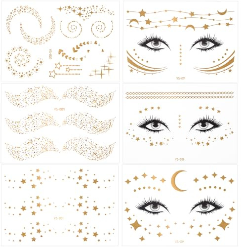 Alaoo Temporäre Tattoos, 6Blatt Flash Tattoos, Festival Gold Gesicht Tattoo | Klebetattoos Erwachsene, Temporäre Tätowierung wasserdichte, Gesichtstattoos Karneval für Fasching und Party Accessoire