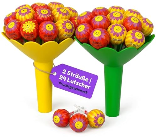 MIJOMA Lutscher-Blumenstrauß – 2 Stück mit je 12 Lollipops – Erdbeer, Orange, Zitrone – 120g – Geschenk für Kinder & Erwachsene – halal & glutenfrei