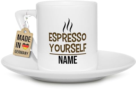 Tassendruck Espressotasse bedruckt mit Name und Spruch - Espresso yourself - Persönliches Geschenk für Freunde, Familie oder Kollegen - Eckiger Henkel, Porzellan-Tasse, 100 ml