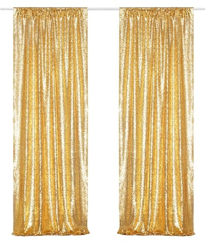3E Home Tende con paillettes dorate, 2 pannelli da 0,6 x 2,4 m, sfondo glitterato per cabina fotografica, decorazioni per matrimoni e feste di compleanno