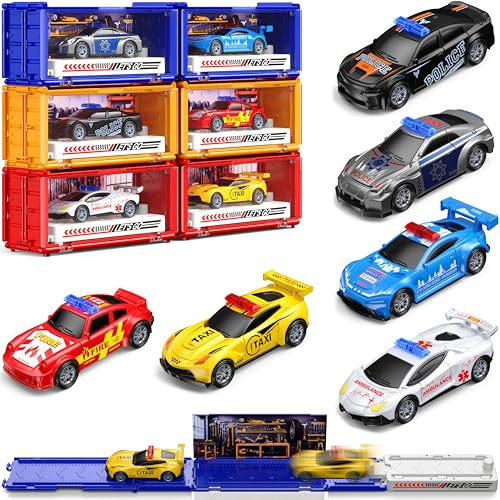 GoStock Auto Spielzeug Set, Spielzeugautos Metall mit Rennbahn und Garage, Kleine Autos für Kinder ab 3 Jahren, Geburtstagsgeschenk für Jungen und Mädchen