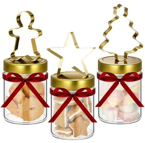 Tiangrid 3 Pcs 9.5 oz Christmas Glass Storage Jars with Red Velvet Ribbon Gingerbread Man Christmas Tree Gold Star Clear Canisters Sets with Metal Lid for Winter Xmas Home Kitchen Countertop Decor